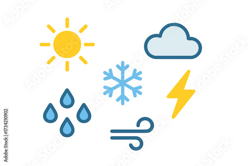 Collection of colorful weather condition icons for sun, cloud, rain, snow, wind, and lightning forecasts