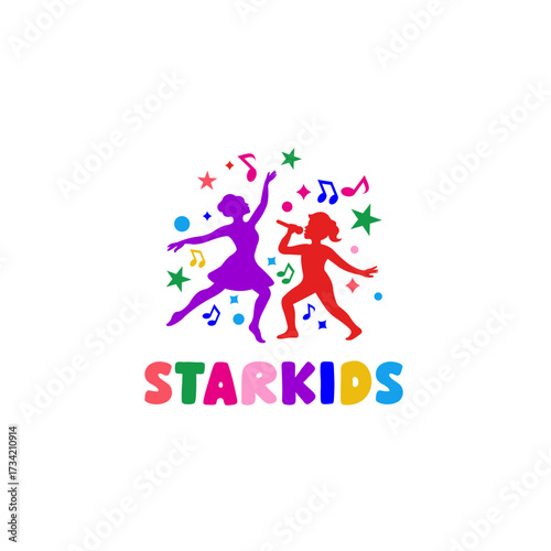Colorful kids talent logo featuring silhouettes of children singing and dancing surrounded by stars, music notes, and playful shapes. Fun, vibrant, and creative design suitable for children’s events, 