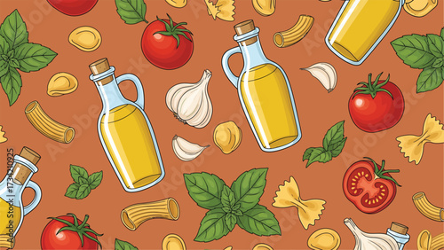 An illustrated pattern featuring various Italian food ingredients, including tomatoes, pasta, and olive oil.