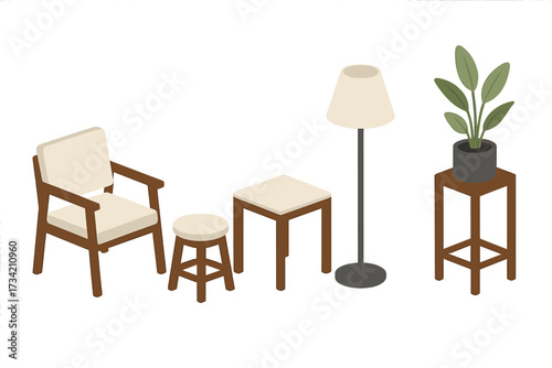 Isometric home furniture and decor elements with armchair, stool, side table, floor lamp, and potted houseplant