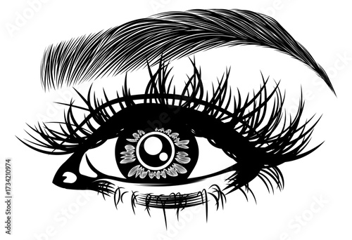 Illustration with woman's eye, eyelashes and eyebrow. Makeup Look. Tattoo design. Logo for brow bar or lash salon.