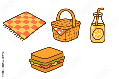 Picnic essentials set with checkered blanket, wicker basket, fresh sandwich, and lemonade bottle