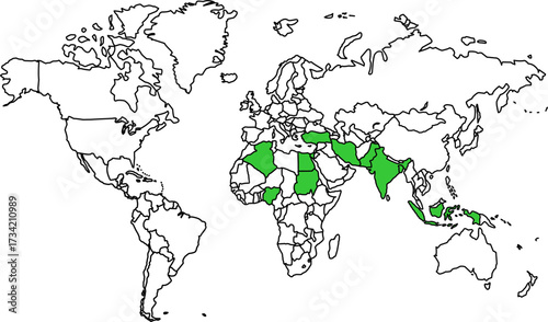 Detailed vector map of the World highlighting the Top 10 countries with the largest Muslim population, including Indonesia, Pakistan, and India.

