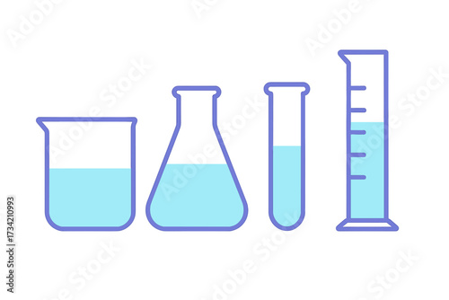 Essential laboratory glassware filled with blue liquid for scientific experiments and chemical research