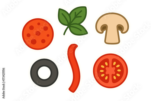 Assortment of fresh pizza ingredients and toppings including pepperoni, basil, mushroom, olive, pepper, and tomato
