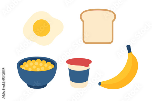 Assortment of common breakfast foods including a fried egg a slice of toast cereal in a bowl a yogurt cup and a fresh banana