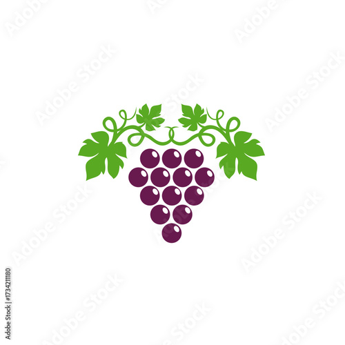 Grape logo design with purple grape bunch and green leaves in flat vector style, symbol of vineyard, winery, agriculture, organic fruit, wine production, and natural product branding