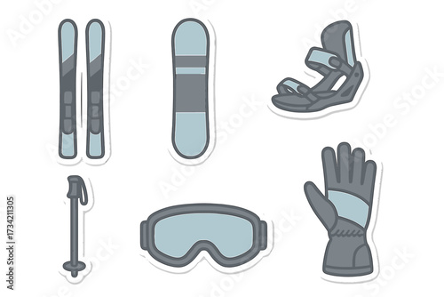 Essential winter sports equipment collection featuring skis, snowboard, goggles, ski pole, glove, and snowboard binding