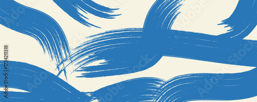 Grunge grainy blue brush stroke with spray texture. Hand drawn distress damaged vintage banner with zigzag bold line. Rough thick brush stroke texture. Spray paint effect vector background.