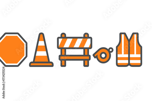 Road construction safety equipment set with stop sign, traffic cone, barrier, whistle, and reflective vest