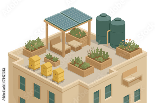 Sustainable urban rooftop garden with solar panels, rainwater harvesting tanks, and beehives for eco-friendly city living