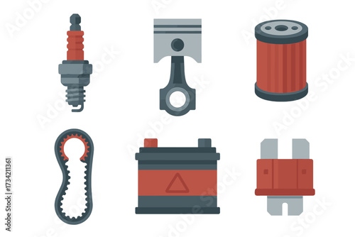 Set of crucial automotive engine components and electrical system parts for vehicle repair and maintenance