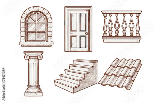 Collection of classic architectural elements including window, door, balcony, column, stairs, and roof tiles