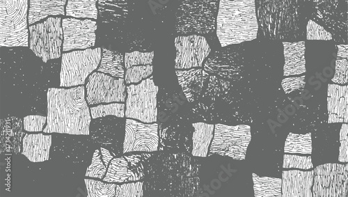 Abstract monochrome pattern of wood grain textures in various orientations and sizes.