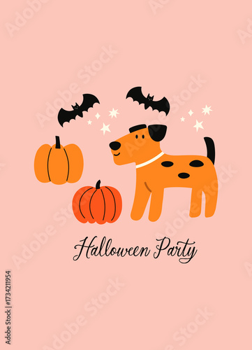 Halloween party vector quote. Cute dog, party pumpkin and bats on pink background. Happy Halloween print in flat style.