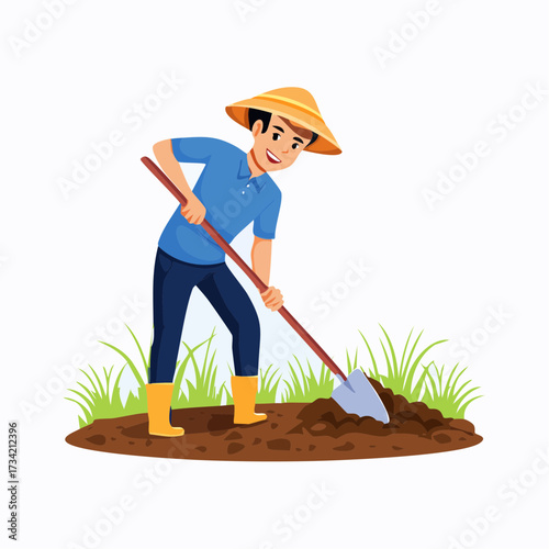 farmer digging soil with a hoe