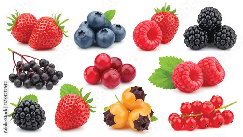 A vibrant collection of fresh berries including strawberries, blueberries, raspberries, and blackberries isolated on a white background.