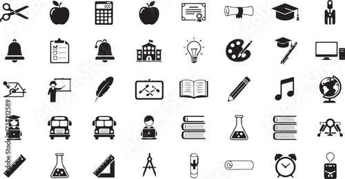Collection of education and school related icons isolated on white background