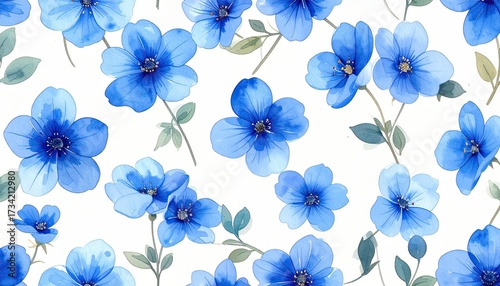 Blue flowers bloom. Floral pattern on white backdrop. For prints & digital media