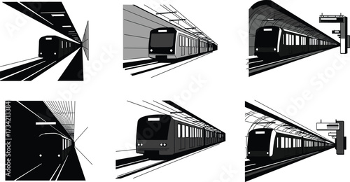 Urban subway train illustrations, metro station graphics, black and white rail transport concept vector art design