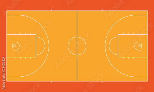 Top view illustration of a basketball court with orange background and yellow layout lines. Minimalist sports design suitable for posters, banners, infographics, and athletic graphic projects.