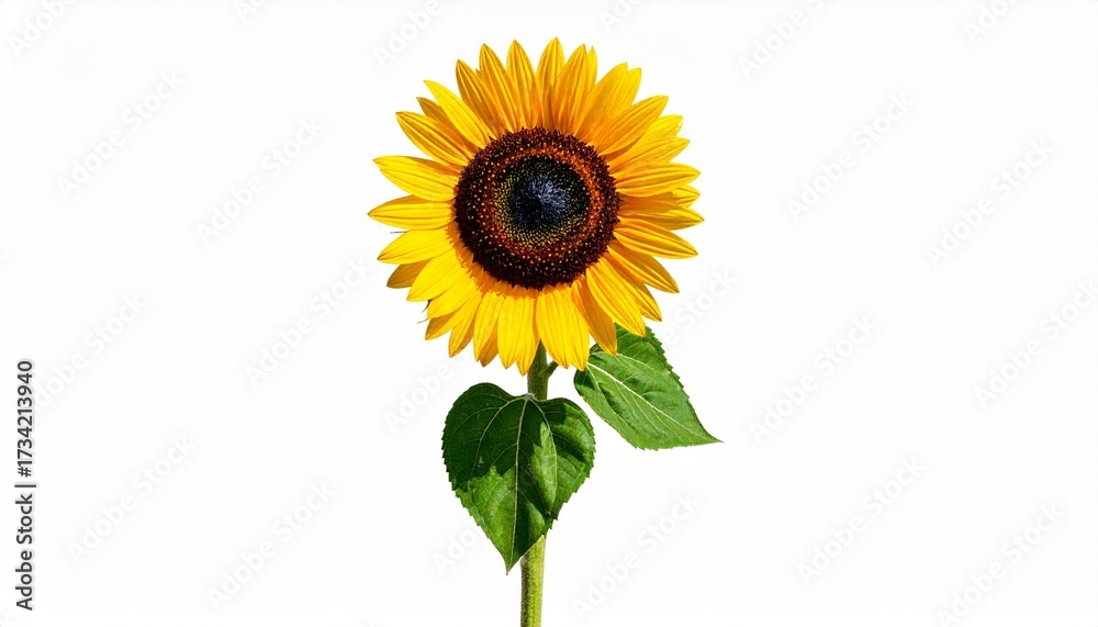 Fototapeta premium Single sunflower with bright yellow petals and green leaves on white background—evoking joy, symmetry, and the radiant choreography of nature, summer, and optimism.