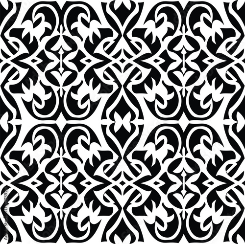 Vector seamless geometric ornament inspired by NTT ikat textile pattern with symmetrical leaf curves and abstract tribal flair