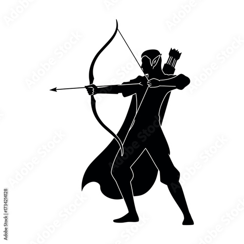 Black silhouette of a fantasy elf archer aiming a longbow.