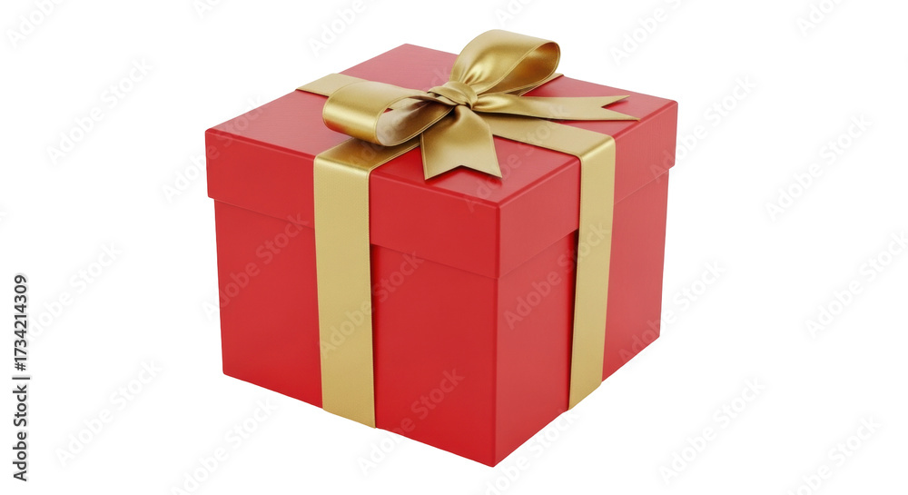 Fototapeta premium Isolated red square gift box with gold ribbon and bow, holiday present, birthday surprise