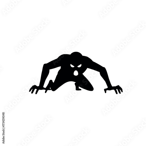 Creepy creature silhouette crawling menacingly with glowing eyes and open mouth.