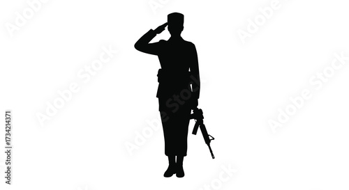 A soldier in uniform giving a salute with a rifle silhouette