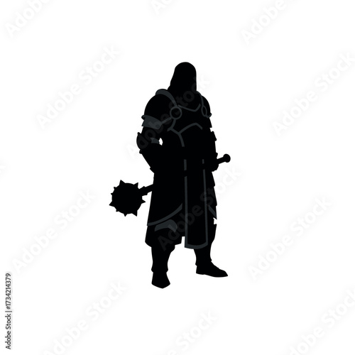 Dark knight silhouette standing tall with a spiked mace and sword ready for battle.