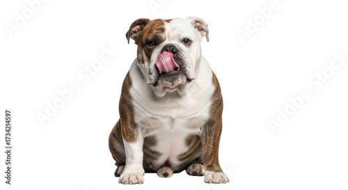Cuadro en lienzo Isolated Bulldog licking its nose in a studio, sitting and looking at the camera