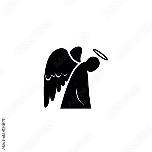 Minimalist black silhouette of a sad grieving angel with a halo.