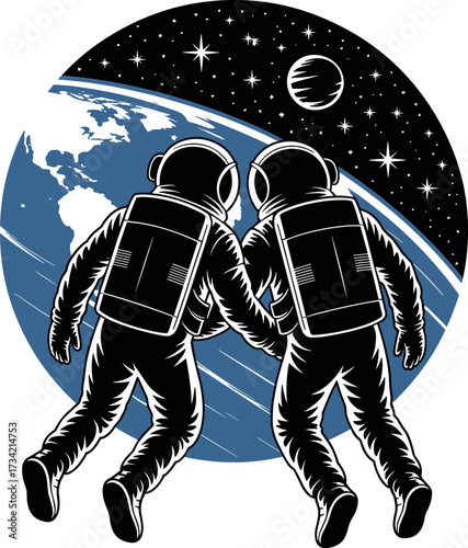 Astronauts in Space Holding Hands Together Against a backdrop of Earth and Stars Design for Bundle Package