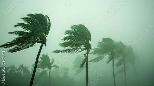 Tall palm trees bending in hurricane wind, heavy rain, dramatic storm atmosphere.