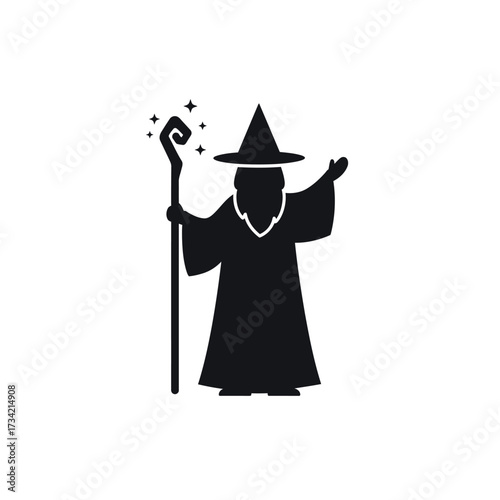 Mystical wizard silhouette with staff and hat ready to cast spells.