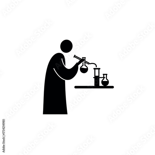 Scientist conducting experiment in laboratory with beakers and flasks for research.