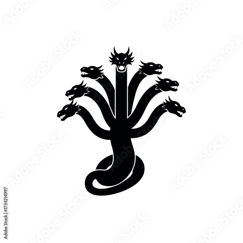 Seven headed dragon silhouette illustration on white background mythical creature.