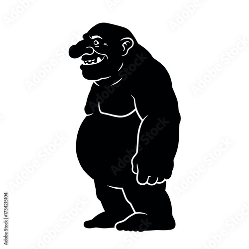 Silhouette of a large troll creature with a big nose and belly.