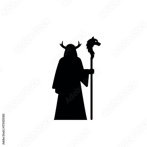 Silhouette of a mystical shaman figure holding a staff with a wolf head.