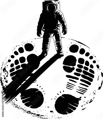 Astronaut stands on a celestial body leaving behind large footprints symbolizing exploration and discovery in the vast expanse of space