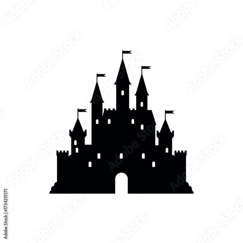 Silhouette of a Majestic Castle with Towers and Flags.