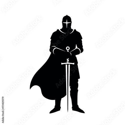 Silhouette of a medieval knight in armor holding a sword.