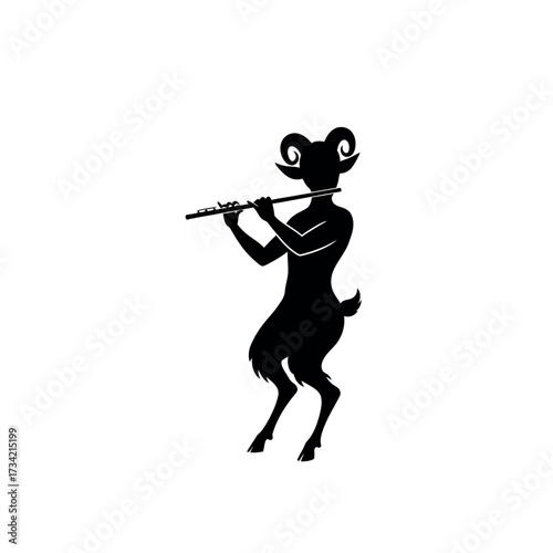 Silhouette of a mythical creature playing a flute against a white backdrop.