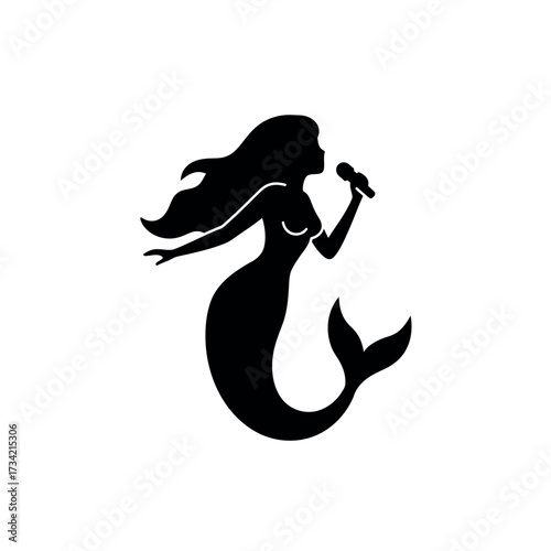 Silhouette of a singing mermaid holding a microphone in her hand.