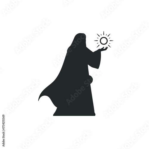 Silhouette of a wizard holding a glowing sun orb.