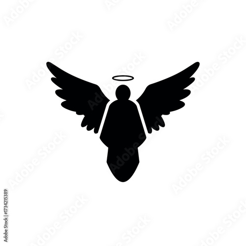 Silhouette of an angel with wings and a halo representing divinity and faith.