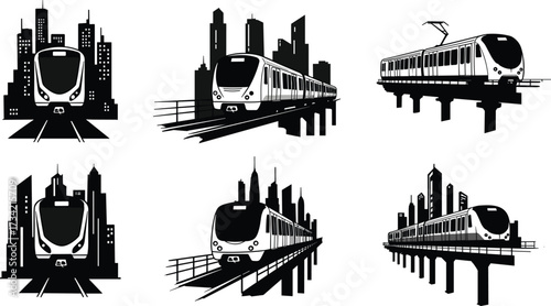 Urban, train, cityscape, elevated, tracks, infrastructure, transportation, architecture, modern, buildings, silhouette, public, transit, bridge, illustration