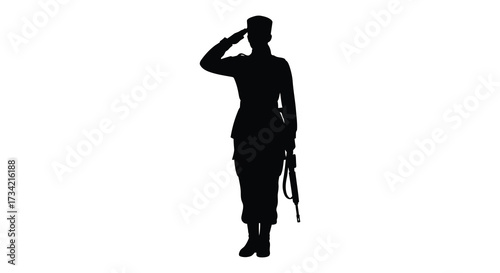 A soldier stands at attention in a respectful military salute silhouette
